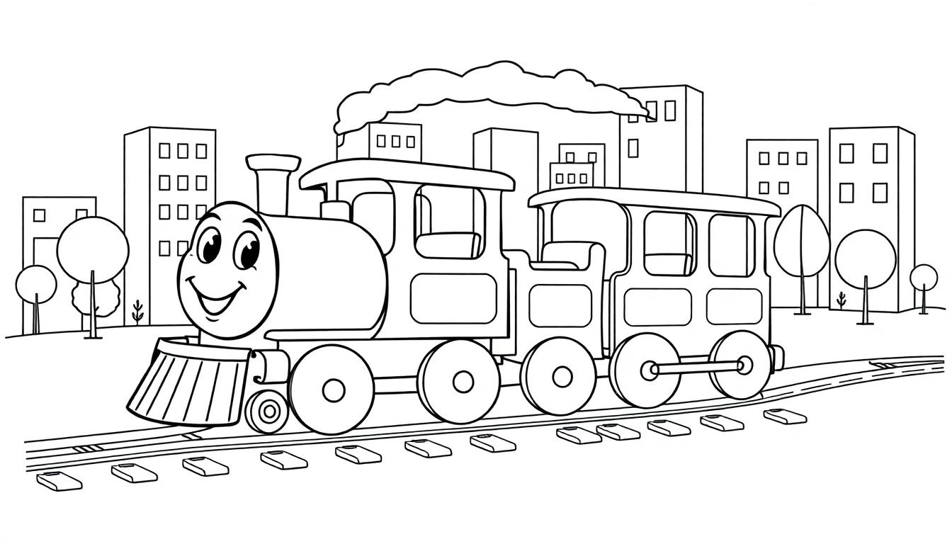 Schwarz-weiße Farbtafel eines lächelnden Cartoon-Zuges mit einem Waggon, der vor einer Stadtkulisse fährt.