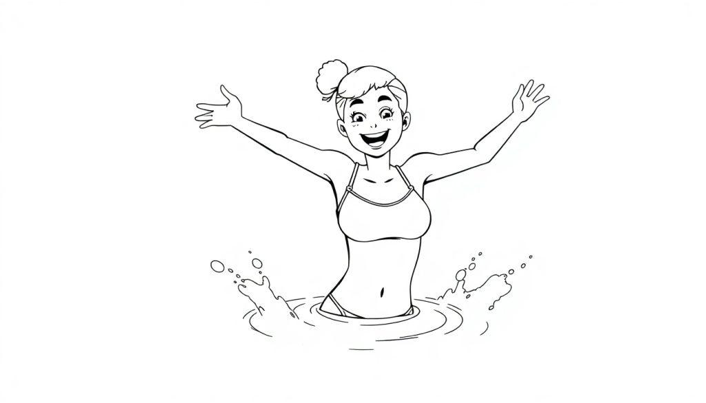 Eine fröhliche Cartoon-Frau springt ins Wasser, mit einem Lächeln und erhobenen Armen.