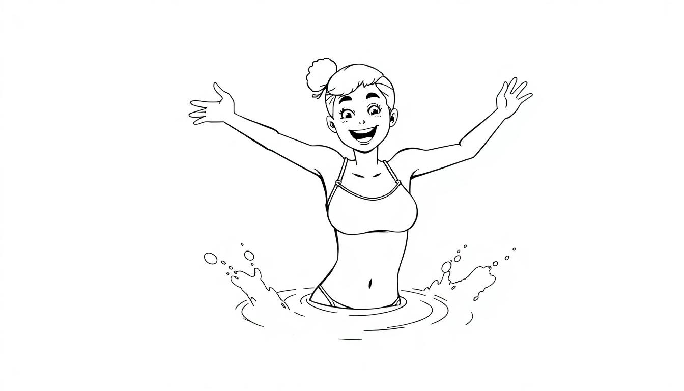 Eine fröhliche Cartoon-Frau springt ins Wasser, mit einem Lächeln und erhobenen Armen.