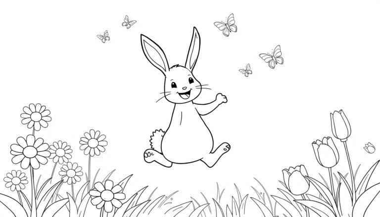 Schwarz-Weiß-Farbtafel-Zeichnung eines fröhlichen Cartoon-Hasen, der zwischen bunten Blumen und flatternden Schmetterlingen tanzt.