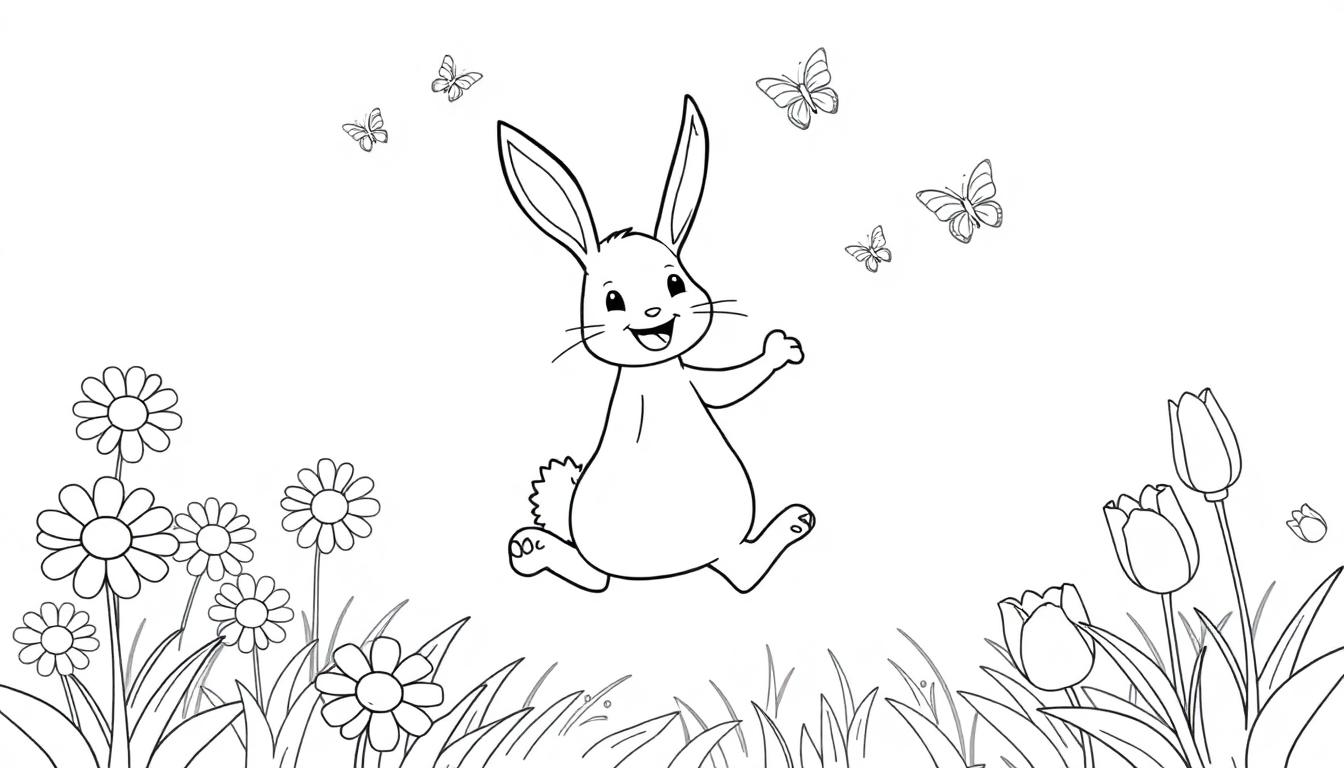 Schwarz-Weiß-Farbtafel-Zeichnung eines fröhlichen Cartoon-Hasen, der zwischen bunten Blumen und flatternden Schmetterlingen tanzt.