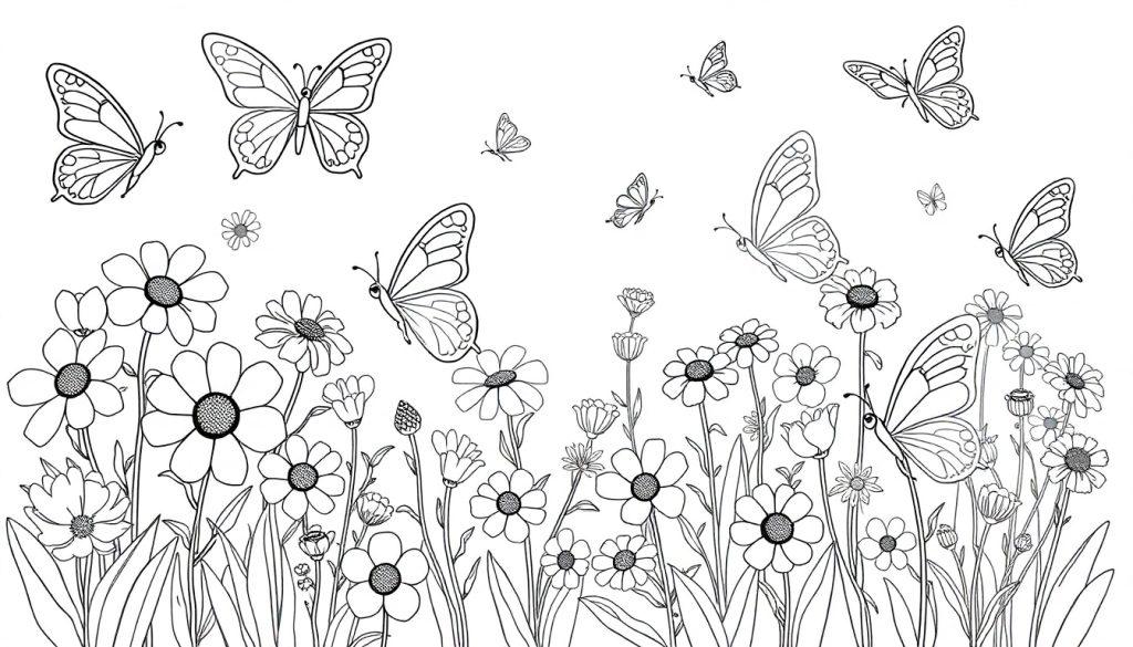 Eine schwarz-weiße Farbtafel einer Wiese voller Gänseblümchen und flatternder Schmetterlinge, bereit zum Ausmalen.