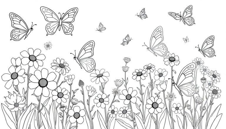 Eine schwarz-weiße Farbtafel einer Wiese voller Gänseblümchen und flatternder Schmetterlinge, bereit zum Ausmalen.