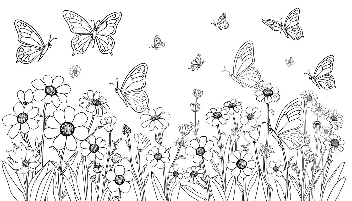 Eine schwarz-weiße Farbtafel einer Wiese voller Gänseblümchen und flatternder Schmetterlinge, bereit zum Ausmalen.