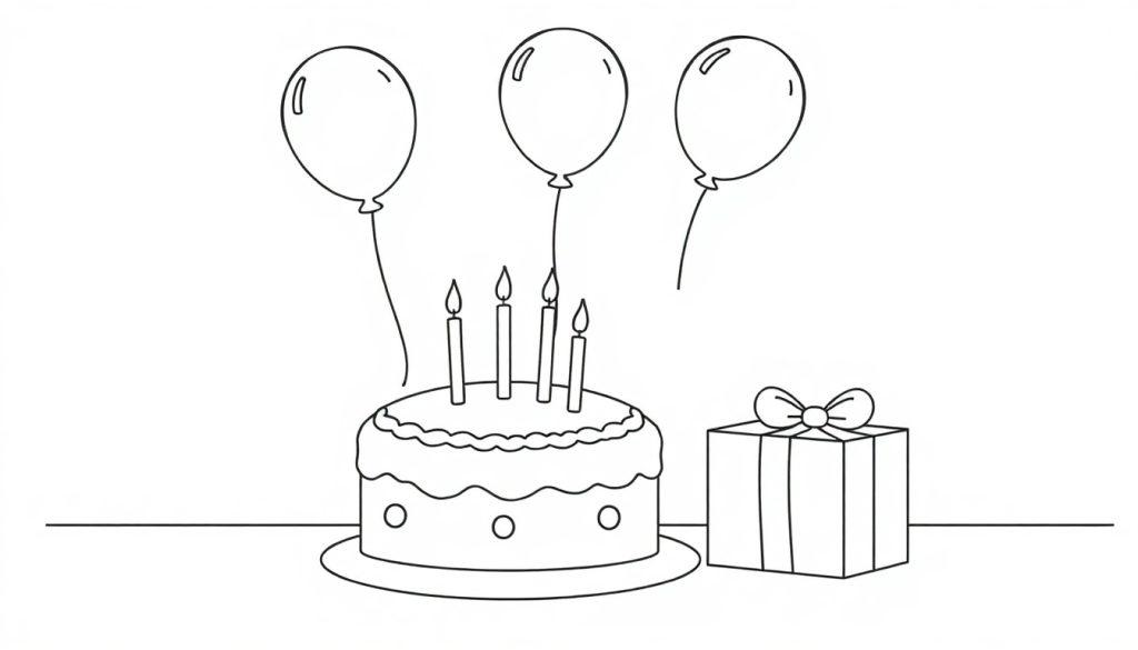 Eine Farbtafel-Zeichnung einer Geburtstagsfeier mit Kuchen, Geschenk und Ballons.