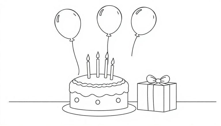 Eine Farbtafel-Zeichnung einer Geburtstagsfeier mit Kuchen, Geschenk und Ballons.