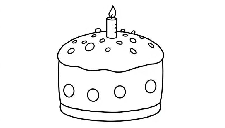 Eine schwarz-weiße Farbtafel-Zeichnung einer runden Torte mit einer einzelnen Kerze und Streuseln zum Ausmalen.
