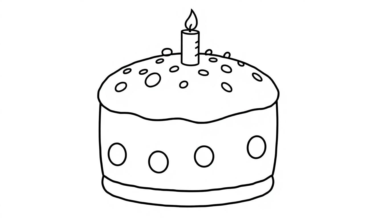 Eine schwarz-weiße Farbtafel-Zeichnung einer runden Torte mit einer einzelnen Kerze und Streuseln zum Ausmalen.