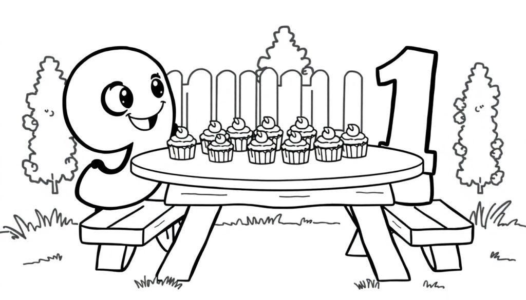 Eine Schwarz-Weiß-Zeichnung eines Geburtstags-Picknicks mit der Zahl 9 und der Zahl 1 an einem Tisch mit 9 Cupcakes.