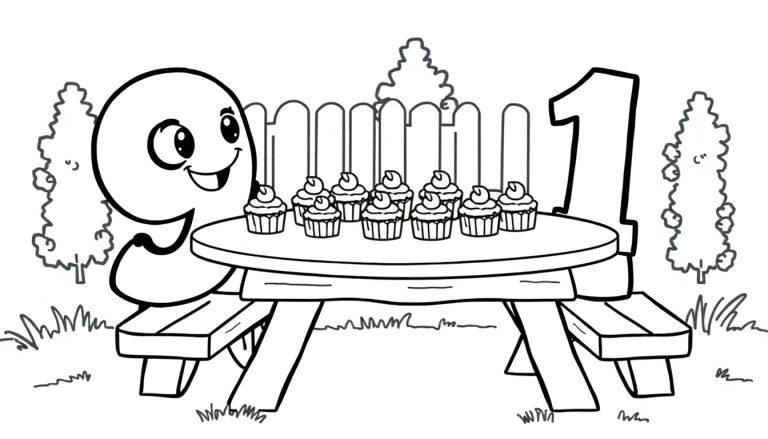 Eine Schwarz-Weiß-Zeichnung eines Geburtstags-Picknicks mit der Zahl 9 und der Zahl 1 an einem Tisch mit 9 Cupcakes.