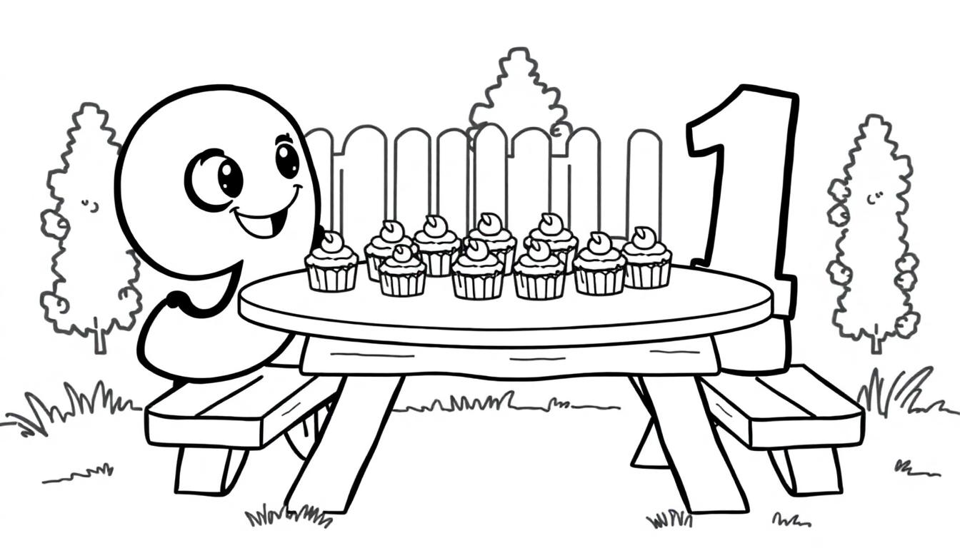 Eine Schwarz-Weiß-Zeichnung eines Geburtstags-Picknicks mit der Zahl 9 und der Zahl 1 an einem Tisch mit 9 Cupcakes.