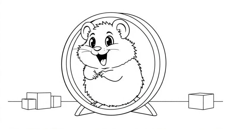 Eine Schwarz-Weiß-Farbtafel eines Cartoon-Hamsters mit einem schelmischen Lächeln in einem Hamsterrad.