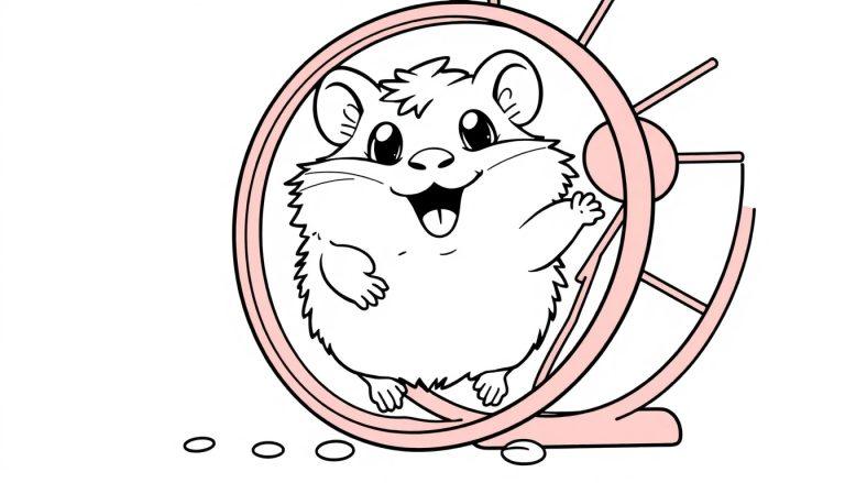 Eine Farbtafel von einem fröhlichen Cartoon-Hamster, der in einem rosa Laufrad rennt.