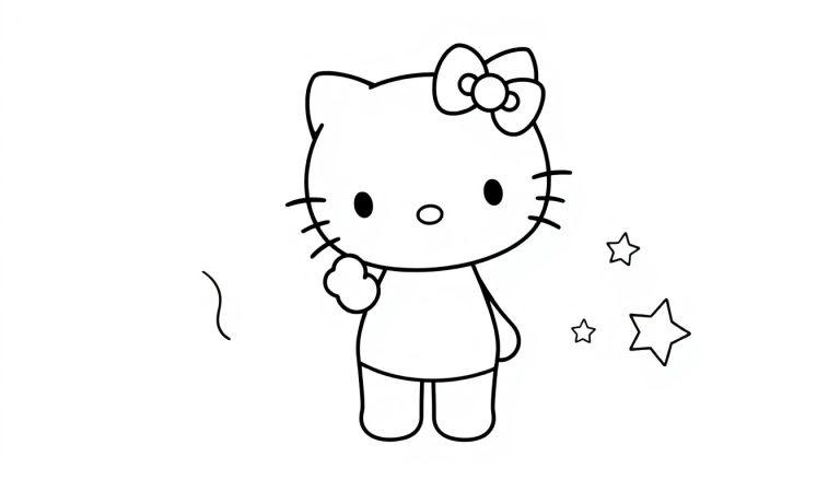 Schwarz-Weiß-Farbtafel von Hello Kitty, bereit zum Ausmalen.