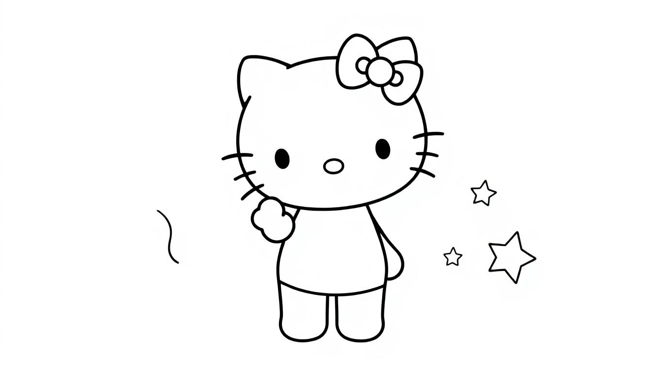 Schwarz-Weiß-Farbtafel von Hello Kitty, bereit zum Ausmalen.
