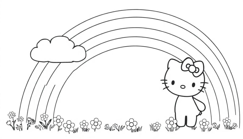 Schwarz-weiße Farbtafel-Malvorlage von Hello Kitty vor einem Regenbogen und Blumen.