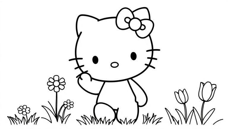 Eine Schwarz-Weiß-Farbtafel von Hello Kitty in einem Blumenbeet, die winkt.