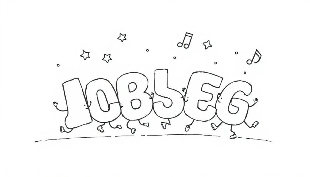 Eine Schwarz-Weiß-Farbtafel-Zeichnung des Wortes JOBSEG, bei der jeder Buchstabe als lustiger tanzender Charakter mit Armen und Beinen dargestellt ist, der über eine gestrichelte Linie rennt, mit Sternen und Musiknoten darüber.