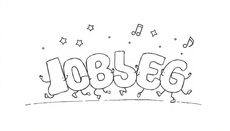 Eine Schwarz-Weiß-Farbtafel-Zeichnung des Wortes JOBSEG, bei der jeder Buchstabe als lustiger tanzender Charakter mit Armen und Beinen dargestellt ist, der über eine gestrichelte Linie rennt, mit Sternen und Musiknoten darüber.