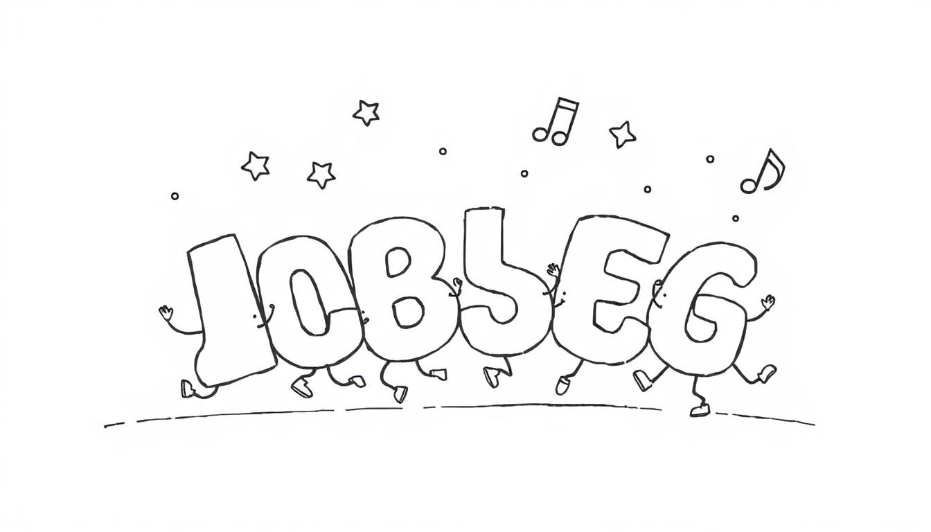Eine Schwarz-Weiß-Farbtafel-Zeichnung des Wortes JOBSEG, bei der jeder Buchstabe als lustiger tanzender Charakter mit Armen und Beinen dargestellt ist, der über eine gestrichelte Linie rennt, mit Sternen und Musiknoten darüber.