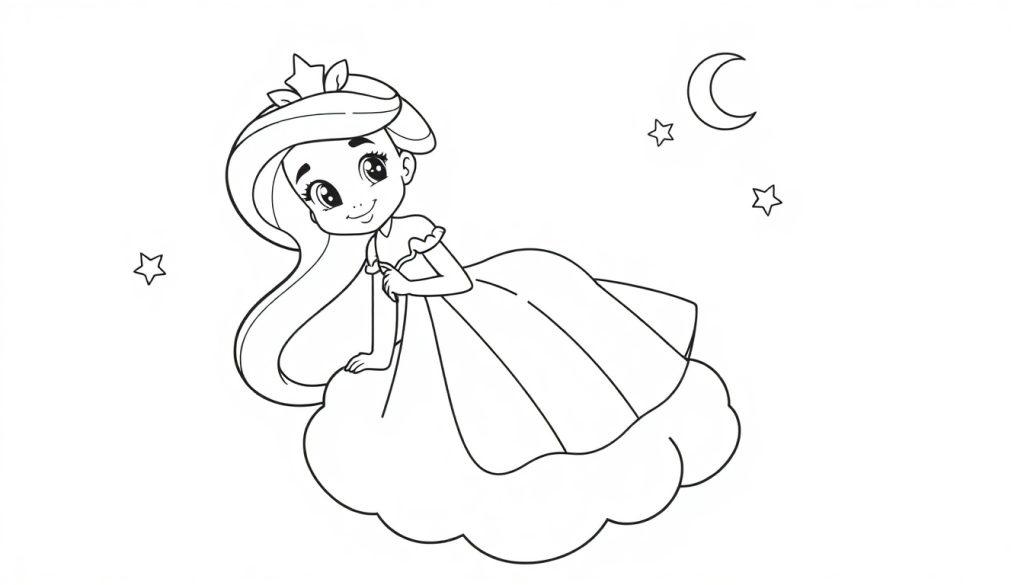 Jasmin als süße Prinzessin auf einer Wolke, bereit zum Ausmalen. Schwarz-weiß Farbtafel.