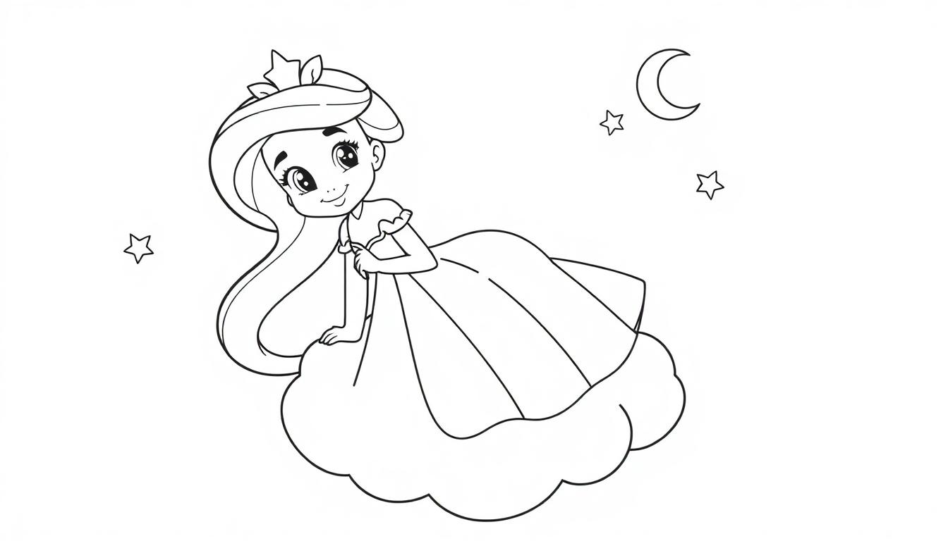 Jasmin als süße Prinzessin auf einer Wolke, bereit zum Ausmalen. Schwarz-weiß Farbtafel.