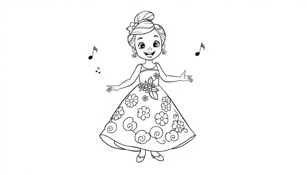Eine schwarz-weiße Farbtafel-Zeichnung eines lächelnden Mädchens namens Jasmin im Ballkleid, bereit zum Tanzen, mit hochgestecktem Haar, Ohrringen und einer Blume, umgeben von Noten.