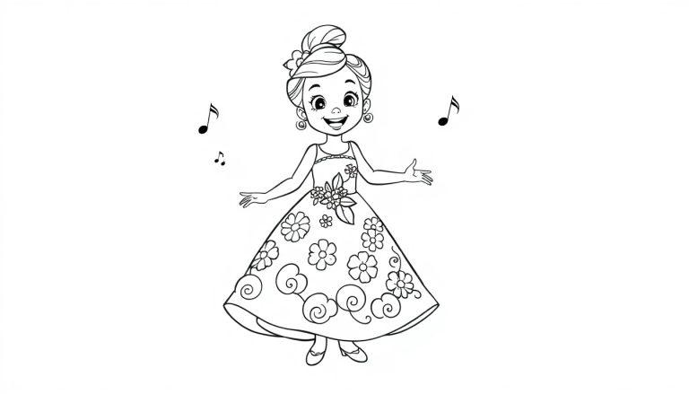 Eine schwarz-weiße Farbtafel-Zeichnung eines lächelnden Mädchens namens Jasmin im Ballkleid, bereit zum Tanzen, mit hochgestecktem Haar, Ohrringen und einer Blume, umgeben von Noten.
