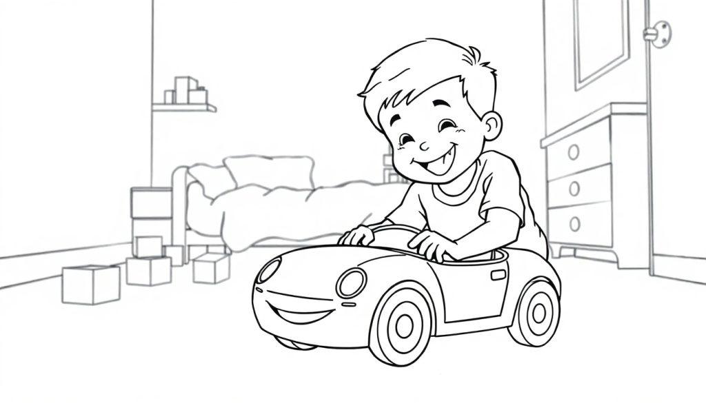 Ein Junge in einem Spielzeugauto in einem Zimmer, bereit zum Ausmalen als Farbtafel.