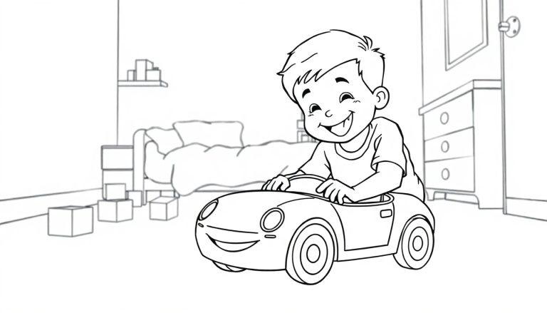Ein Junge in einem Spielzeugauto in einem Zimmer, bereit zum Ausmalen als Farbtafel.