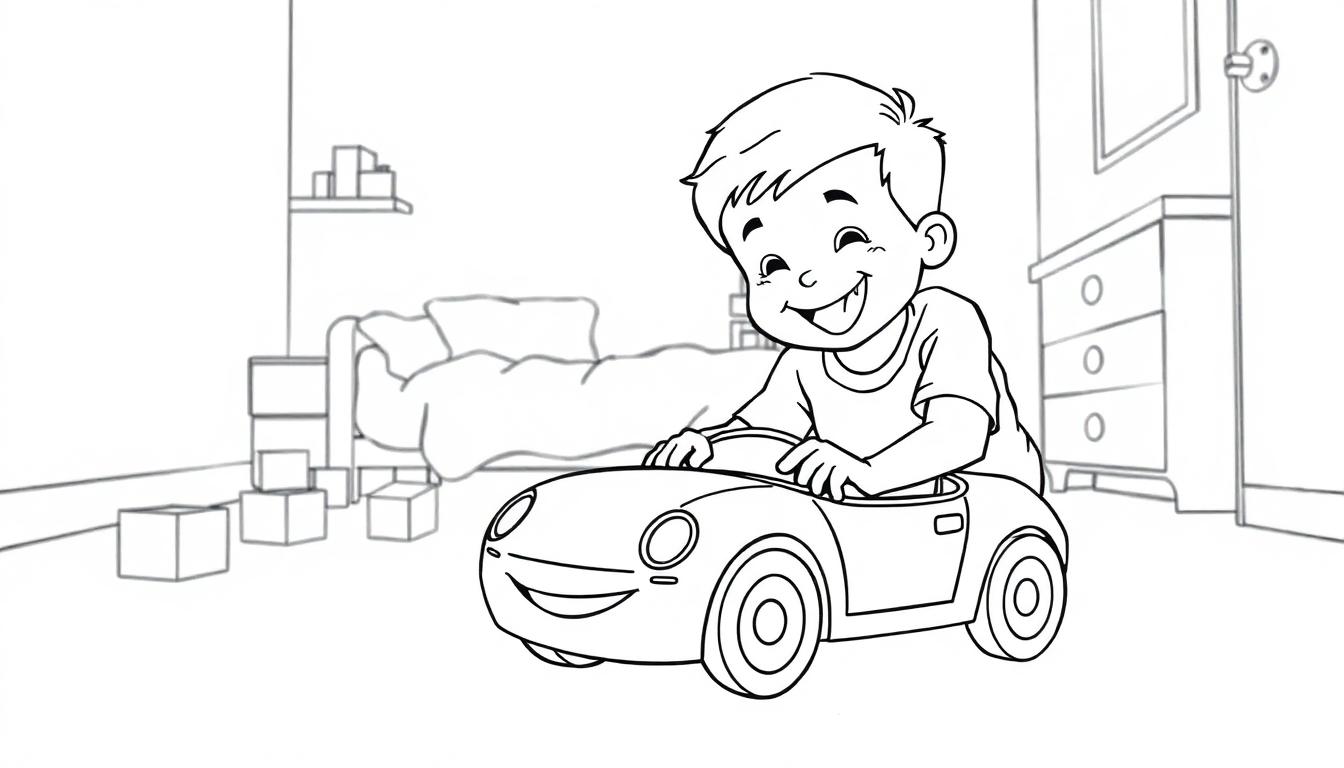 Ein Junge in einem Spielzeugauto in einem Zimmer, bereit zum Ausmalen als Farbtafel.