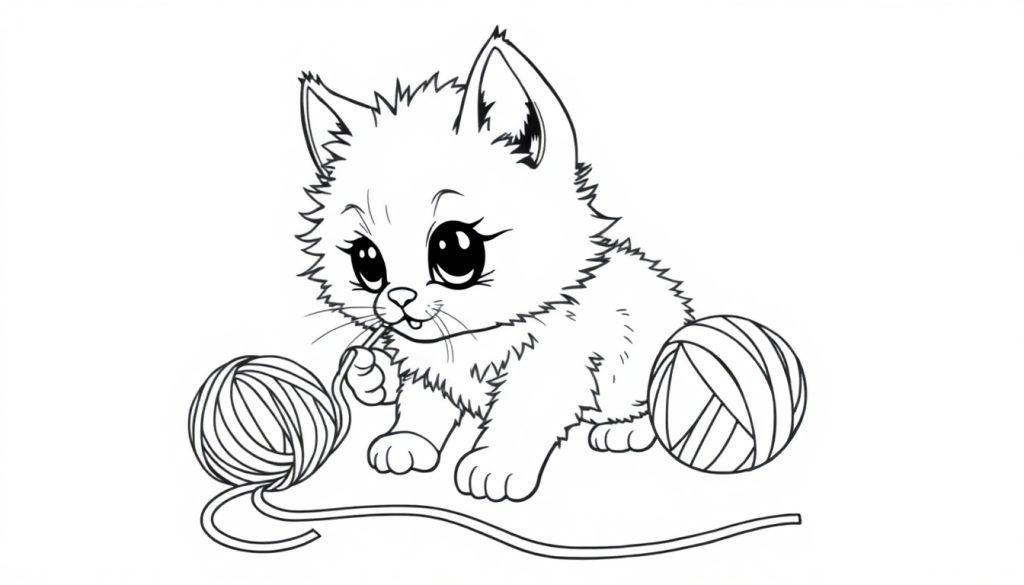 Eine süße Katzen-Farbtafel spielt mit Wollknäueln und einem Faden.