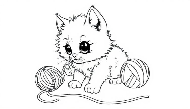 Eine süße Katzen-Farbtafel spielt mit Wollknäueln und einem Faden.