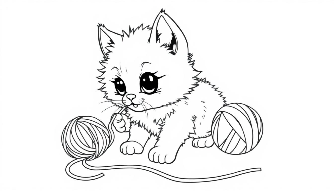 Eine süße Katzen-Farbtafel spielt mit Wollknäueln und einem Faden.