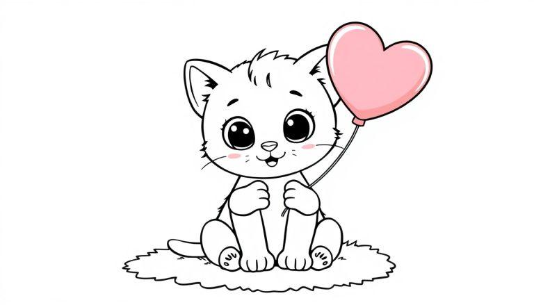 Eine niedliche Cartoon-Katze mit einem Herzballon, bereit zum Ausmalen, als Schwarz-Weiß-Farbtafel-Illustration für Kinder.
