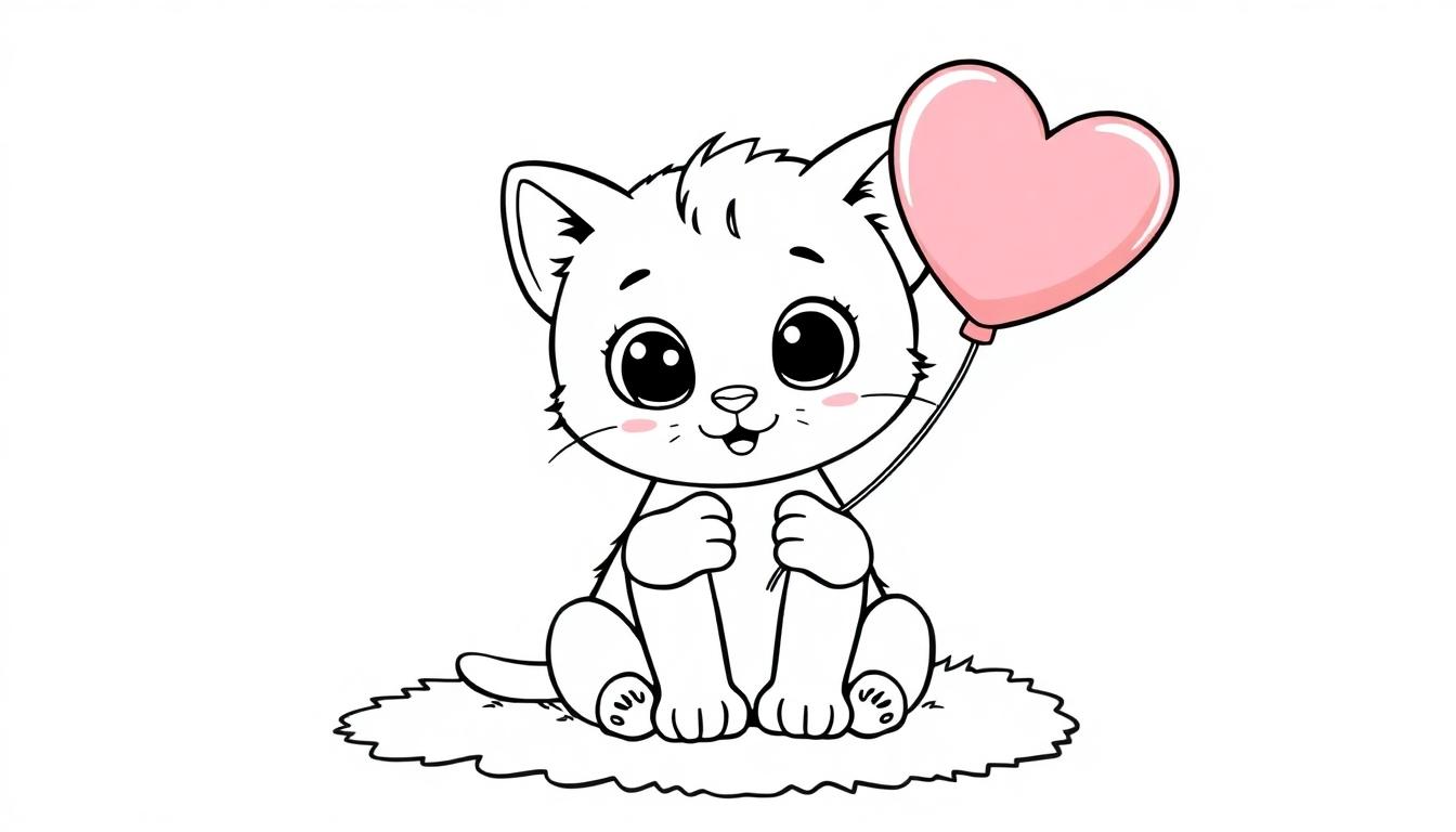 Eine niedliche Cartoon-Katze mit einem Herzballon, bereit zum Ausmalen, als Schwarz-Weiß-Farbtafel-Illustration für Kinder.