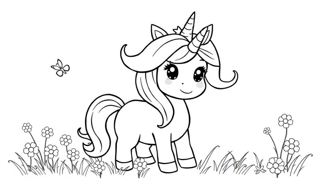 Ein kawaii Einhorn mit sternenförmiger Mähne, bereit zum Ausmalen als Farbtafel.
