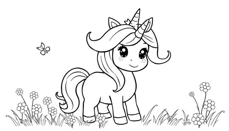 Ein kawaii Einhorn mit sternenförmiger Mähne, bereit zum Ausmalen als Farbtafel.