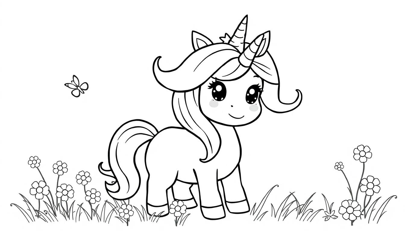 Ein kawaii Einhorn mit sternenförmiger Mähne, bereit zum Ausmalen als Farbtafel.