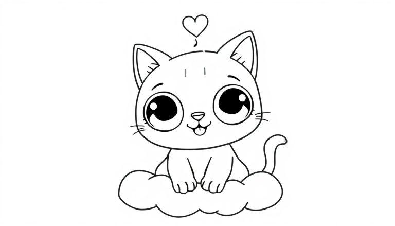Niedliche Kawaii-Katze in Schwarz-Weiß, sitzt auf einer Wolke mit einem Herz darüber, bereit zum Ausmalen als Farbtafel.