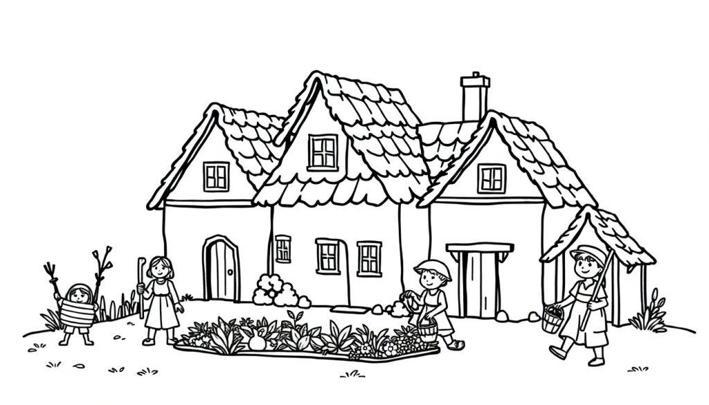 Schwarz-Weiß-Zeichnung eines Hauses mit vier Kindern im Garten.