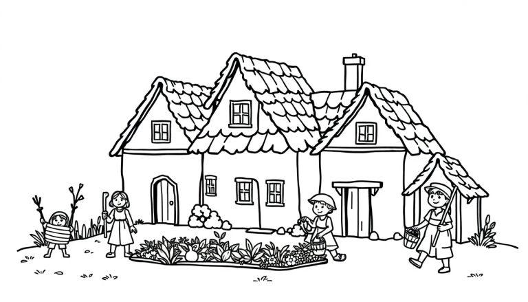 Schwarz-Weiß-Zeichnung eines Hauses mit vier Kindern im Garten.