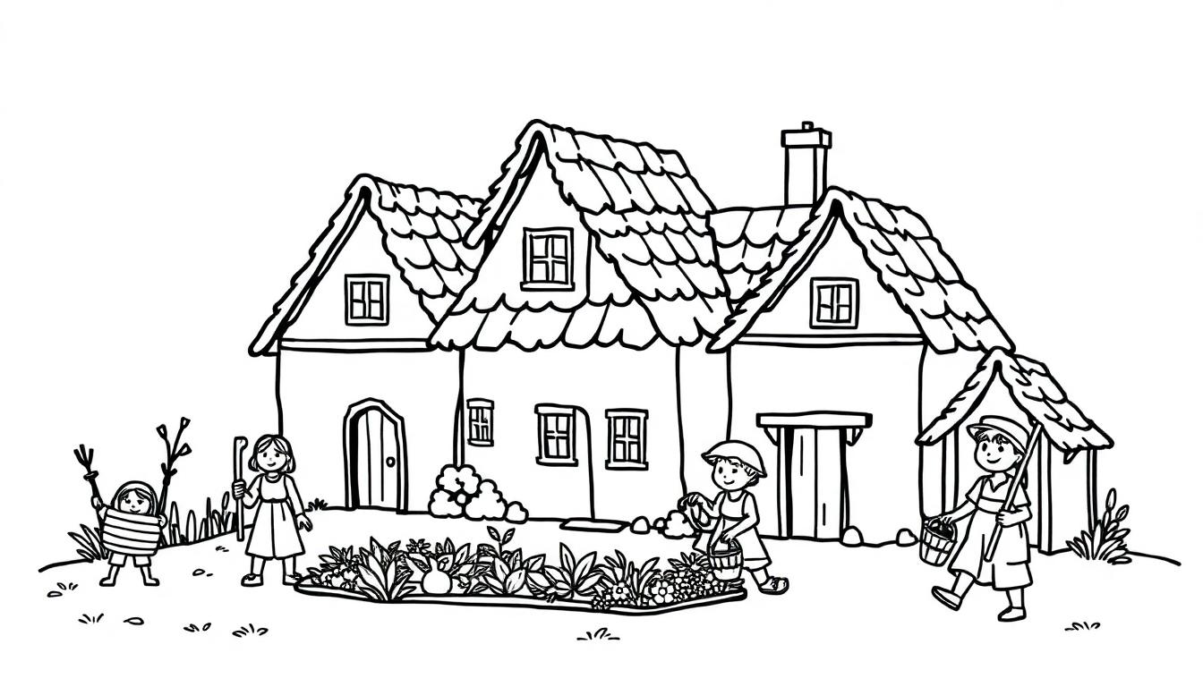 Schwarz-Weiß-Zeichnung eines Hauses mit vier Kindern im Garten.