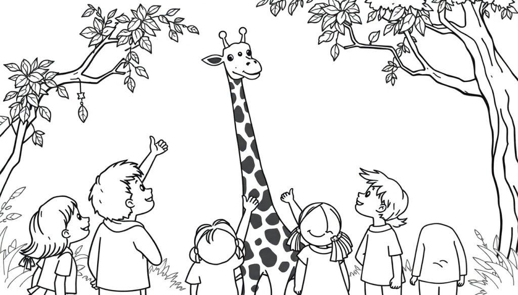 Kinder bestaunen eine Giraffe in einem cartoonhaften Zoo.