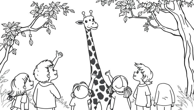 Kinder bestaunen eine Giraffe in einem cartoonhaften Zoo.