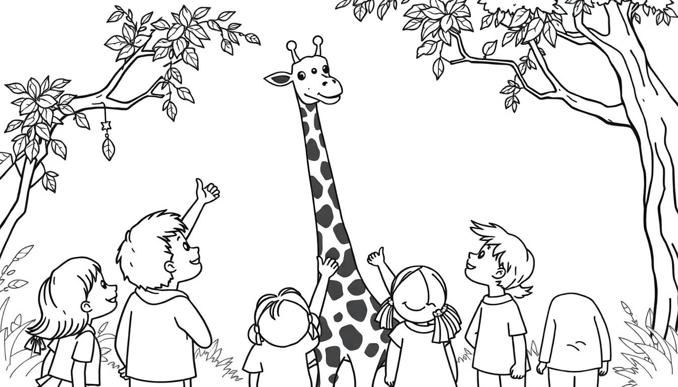 Kinder bestaunen eine Giraffe in einem cartoonhaften Zoo.