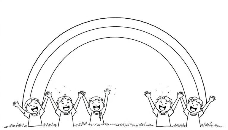 Schwarz-weiße Farbtafel von fünf glücklichen Kindern, die unter einem Regenbogen mit erhobenen Armen stehen.