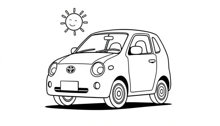 Schwarz-weiße Cartoon-Farbtafel eines kleinen Autos mit einem lächelnden Toyota-Logo.
