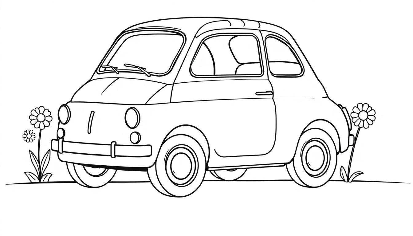 Schwarz-weiße Farbtafel eines kleinen Autos mit Blumen.