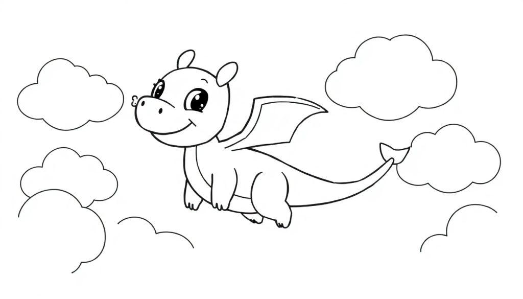 Schwarz-weiße Farbtafel eines niedlichen Cartoon-Drachen, der zwischen Wolken fliegt, bereit zum Ausmalen.
